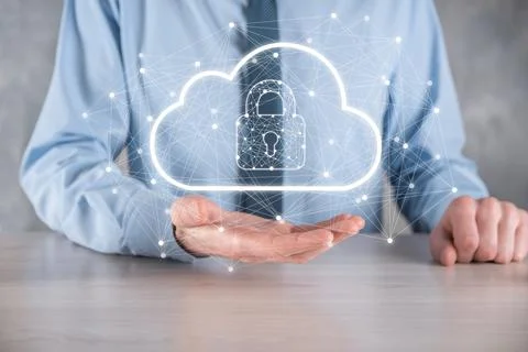 Business man hold,holding cloud computing data and security on global network Stock Photos