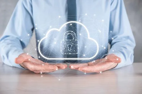 Business man hold,holding cloud computing data and security on global network Foto stock