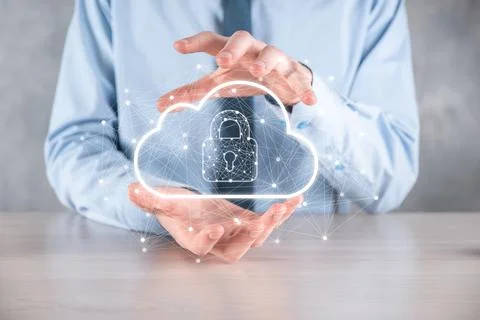 Business man hold,holding cloud computing data and security on global network Foto stock