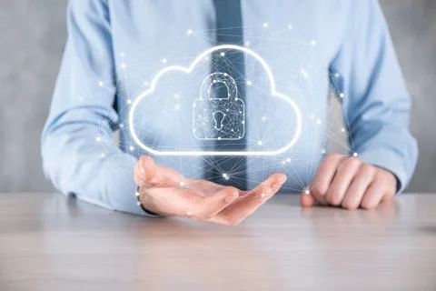 Business man hold,holding cloud computing data and security on global network Stock Photos