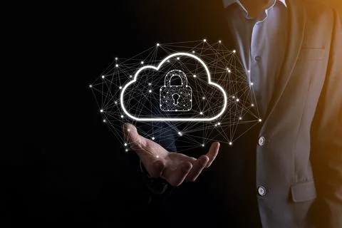 Business man hold,holding cloud computing data and security on global network Stock Photos
