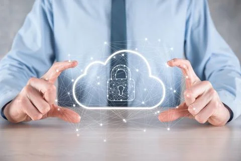 Business man hold,holding cloud computing data and security on global network Foto stock