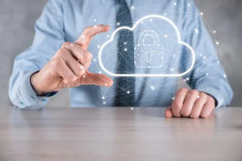 Business man hold,holding cloud computing data and security on global network Stock Photos