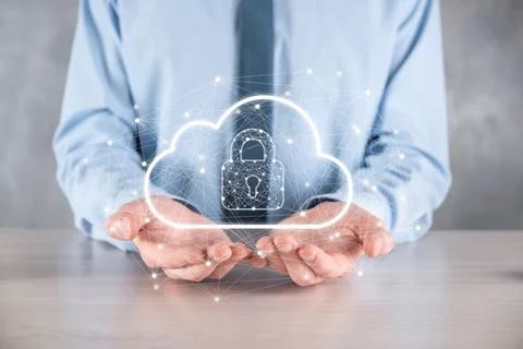 Business man hold,holding cloud computing data and security on global network Stockfoto's