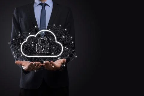 Business man hold,holding cloud computing data and security on global network Foto stock