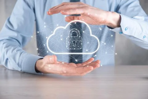 Business man hold,holding cloud computing data and security on global network Stock Photos