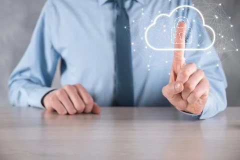 Business man hold,holding cloud computing data and security on global network Stockfoto's
