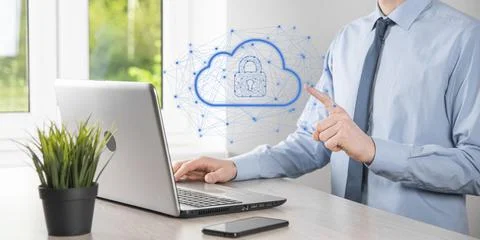 Business man hold,holding cloud computing data and security on global network Stock Photos