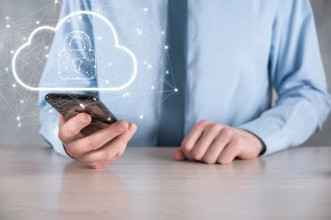 Business man hold,holding cloud computing data and security on global network Stockfoto's