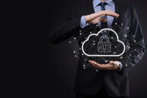 Business man hold,holding cloud computing data and security on global network Stock Photos