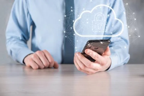 Business man hold,holding cloud computing data and security on global network Stock Photos