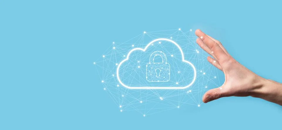 Business man hold,holding cloud computing data and security on global network Stock Photos
