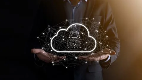 Business man hold,holding cloud computing data and security on global network Foto stock