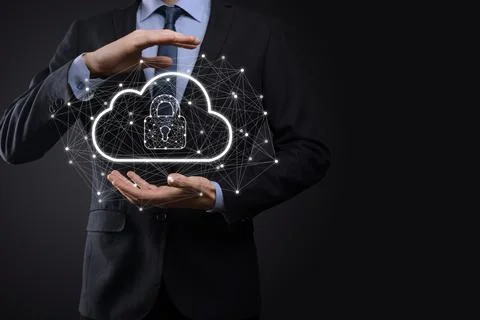Business man hold,holding cloud computing data and security on global network Stock Photos