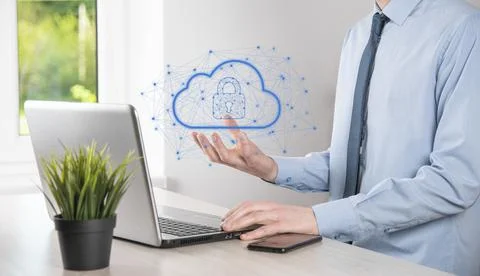 Business man hold,holding cloud computing data and security on global network Stock Photos