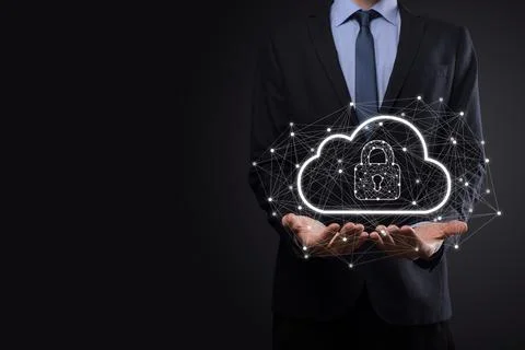 Business man hold,holding cloud computing data and security on global network Stock Photos