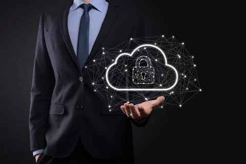 Business man hold,holding cloud computing data and security on global network Foto stock