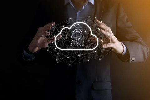 Business man hold,holding cloud computing data and security on global network Stock Photos
