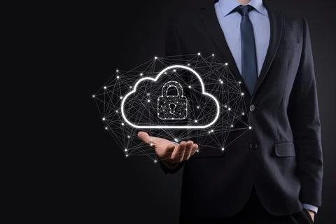 Business man hold,holding cloud computing data and security on global network Foto stock