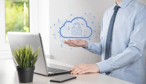 Business man hold,holding cloud computing data and security on global network Stock Photos