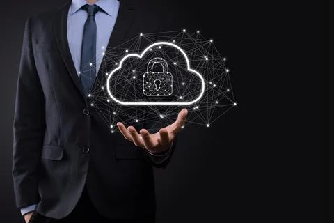 Business man hold,holding cloud computing data and security on global network Stockfoto's