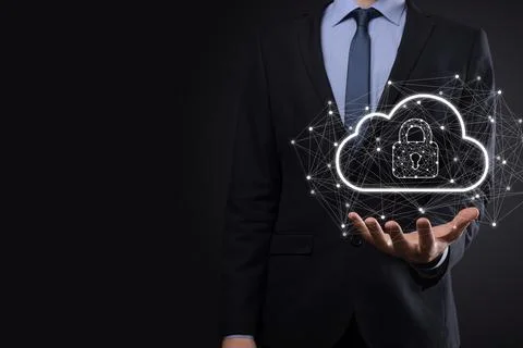 Business man hold,holding cloud computing data and security on global network Stockfoto's