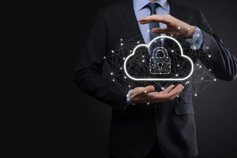 Business man hold,holding cloud computing data and security on global network Stock Photos