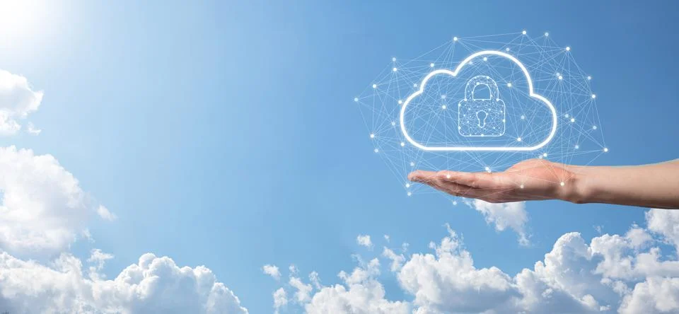 Business man hold,holding cloud computing data and security on global network Stock Photos