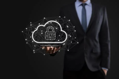 Business man hold,holding cloud computing data and security on global network Stock Photos