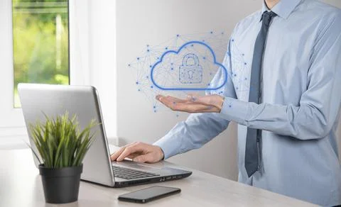 Business man hold,holding cloud computing data and security on global network Stock Photos