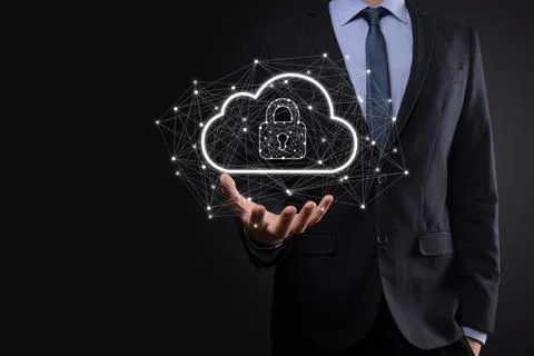 Business man hold,holding cloud computing data and security on global network Stock Photos