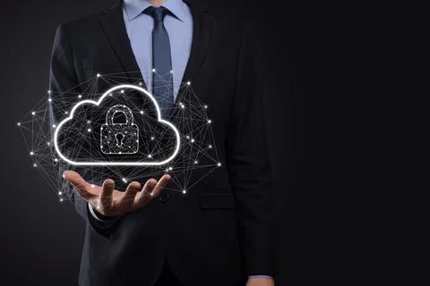 Business man hold,holding cloud computing data and security on global network Stock Photos