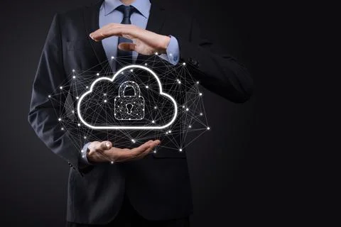Business man hold,holding cloud computing data and security on global network Stock Photos