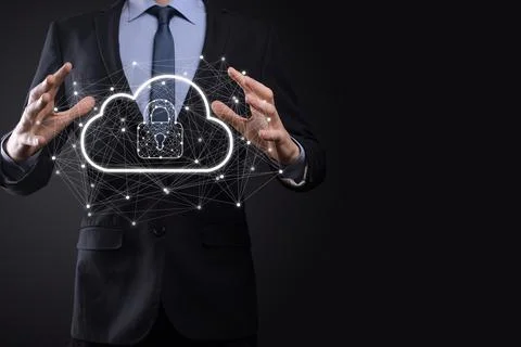 Business man hold,holding cloud computing data and security on global network Stockfoto's