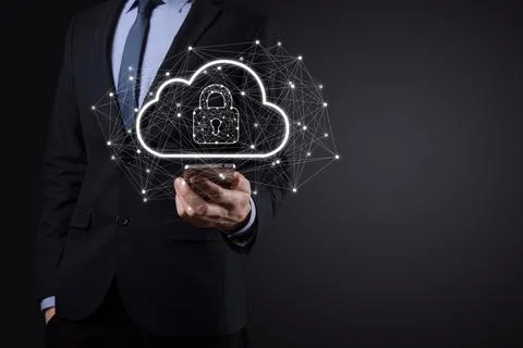 Business man hold,holding cloud computing data and security on global network Stock Photos