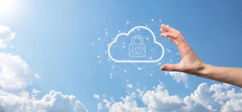 Business man hold,holding cloud computing data and security on global network Foto stock