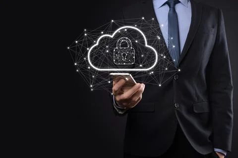 Business man hold,holding cloud computing data and security on global network Stock Photos