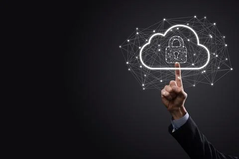 Business man hold,holding cloud computing data and security on global network Stock Photos