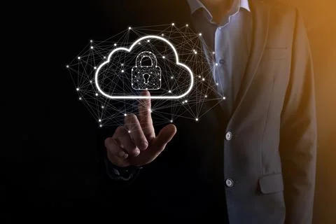 Business man hold,holding cloud computing data and security on global network Stockfoto's
