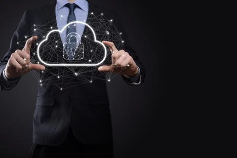 Business man hold,holding cloud computing data and security on global network Stock Photos