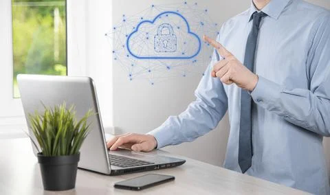 Business man hold,holding cloud computing data and security on global network Stock Photos
