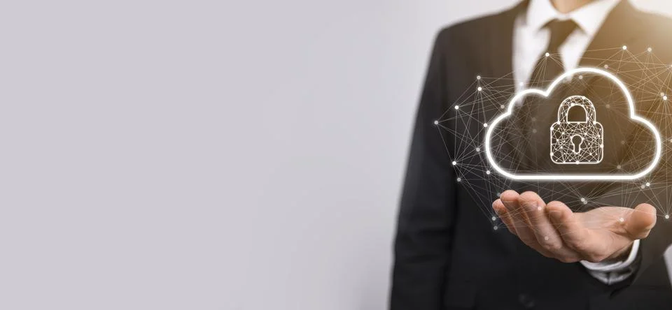 Business man hold,holding cloud computing data and security on global network Foto stock