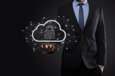 Business man hold,holding cloud computing data and security on global network Stock Photos