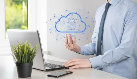 Business man hold,holding cloud computing data and security on global network Stock Photos