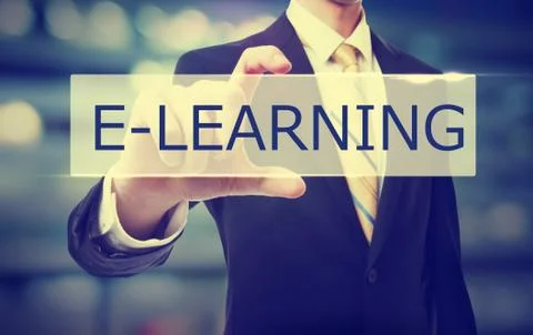 Business man holding E-learning Stock Photos