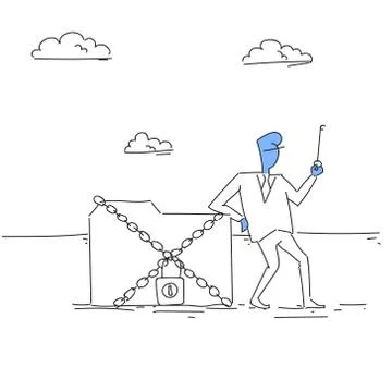 Business Man Holding Key From Database, Corporate Data Protection Concept Stock Illustration