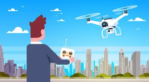 Business Man Holding Remote Controller For Modern Drone Fly Over City Buildings Stock Illustration