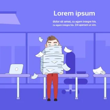 Business Man Holding Stack Of Paper Documents Over Office Background With Copy Stock Illustration