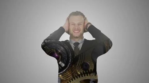 Business man in horror at rise in prices in stock market double exposure over Stock Footage