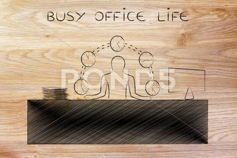 Business man juggling time (clocks) at the office, busy office life Stock Illustration